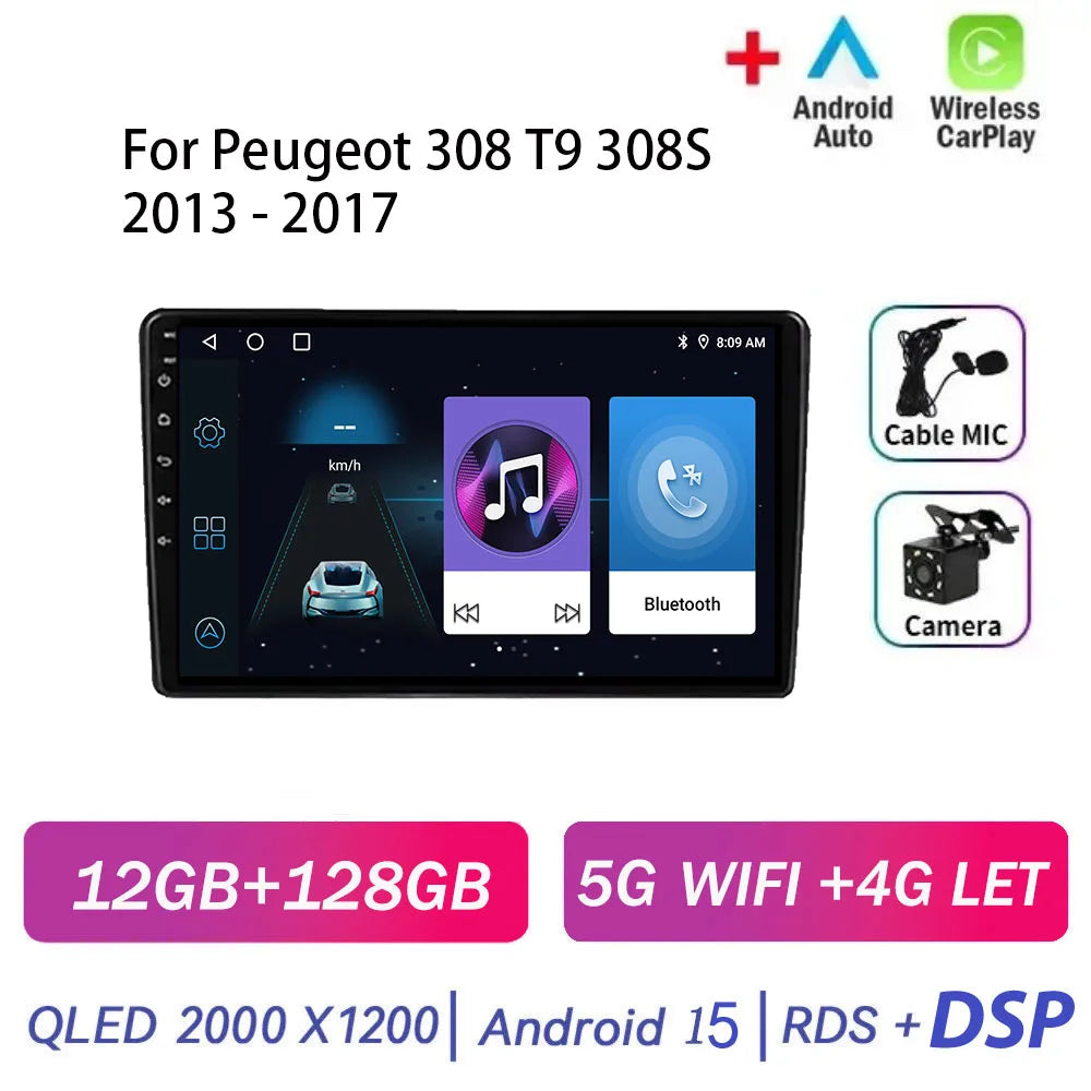 Android 15 pour Peugeot 308 T9 308S 2013 - 2017 Auto stéréo autoradio lecteur multimédia Navigation GPS 4G WIFI sans fil Carplay