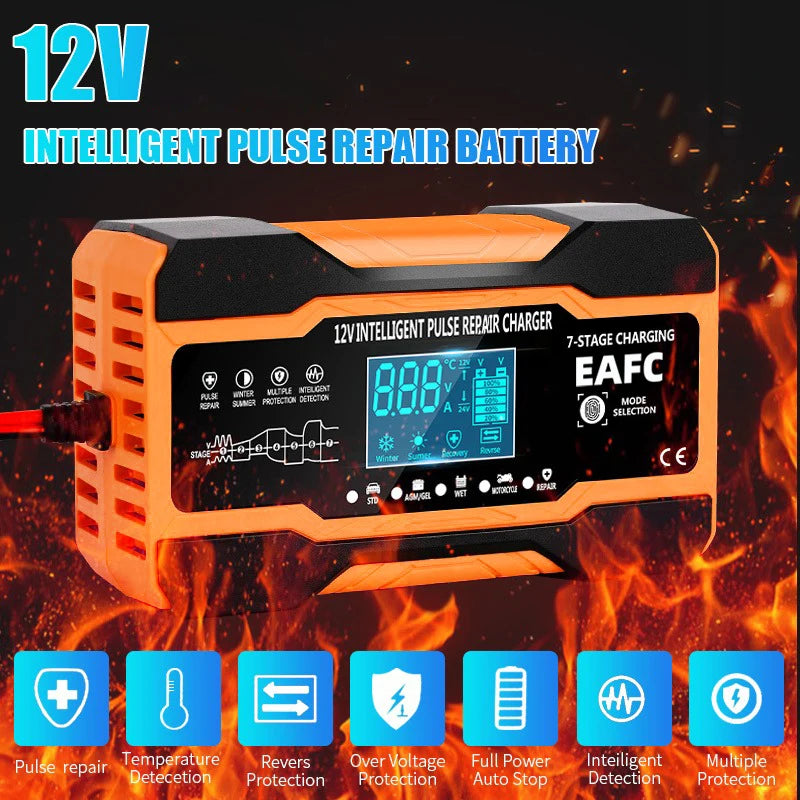 Chargeur de batterie intelligent 12V 24V 12a 10a, Charge rapide pour Batteries de voiture, Charge en 7 étapes, réparation d'impulsions pour GEL AGM humide, plomb acide