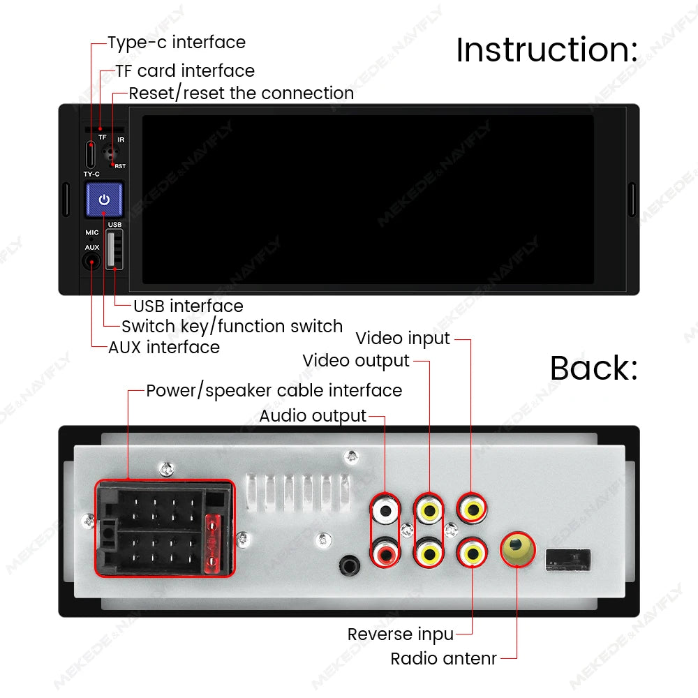 MEKEDE 6.86 pouces 1din Autoradio universelle MP5 type-c lecteur HD écran tactile Autoradio multimédia sans fil et filaire Carplay