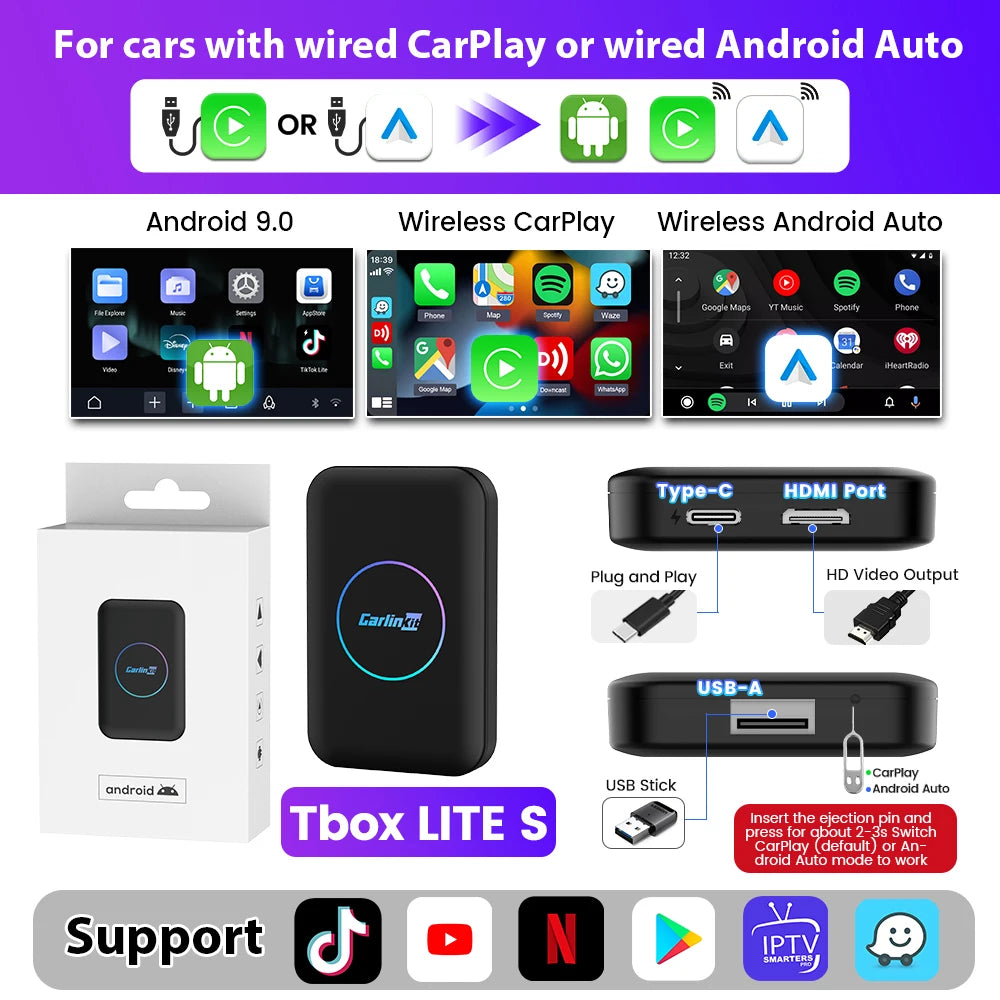 2026 CarlinKit HDMI Android Ai Box sans fil Carplay Android Auto pour Youtube Netflix IPTV 5 en 1 WIFI 5GHZ USB A Plug And Play