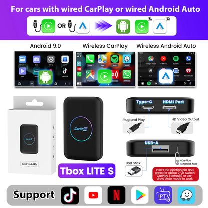 2026 CarlinKit HDMI Android Ai Box sans fil Carplay Android Auto pour Youtube Netflix IPTV 5 en 1 WIFI 5GHZ USB A Plug And Play