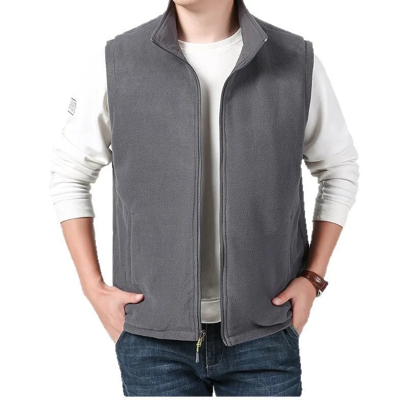 Gilet de sport d'extérieur en polaire épaisse pour homme, réversible, décontracté, coupe ample, fermeture éclair, couleur unie, automne-hiver