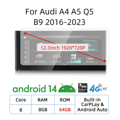 Carplay sans fil Android 14, 12.3, pour Audi A4 A5 Q5 B9 2017 2016 – 2023, écran tactile IPS, WIFI, multimédia, stéréo, récepteur GPS Navi