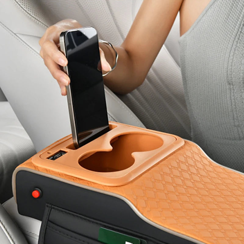 Boîte de rangement multifonctionnelle 10-en-1 pour accoudoir de voiture, avec coussin rehausseur sportif supérieur, port de charge USB et lampe d'ambiance étoilée