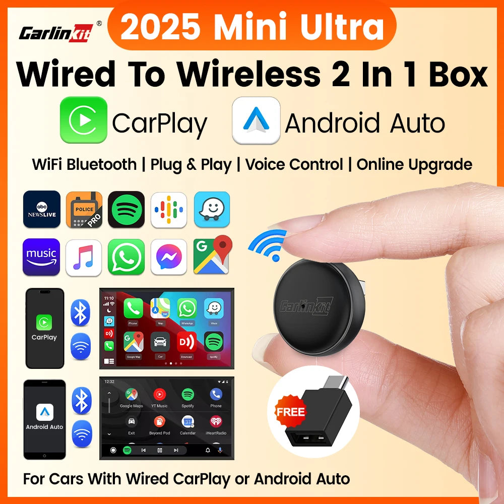 Mini Ultra 3 CarlinKit 5.0 adaptateur sans fil sans fil CarPlay Android Auto pour voiture OEM Plug & Play WiFi Bluetooth connexion automatique