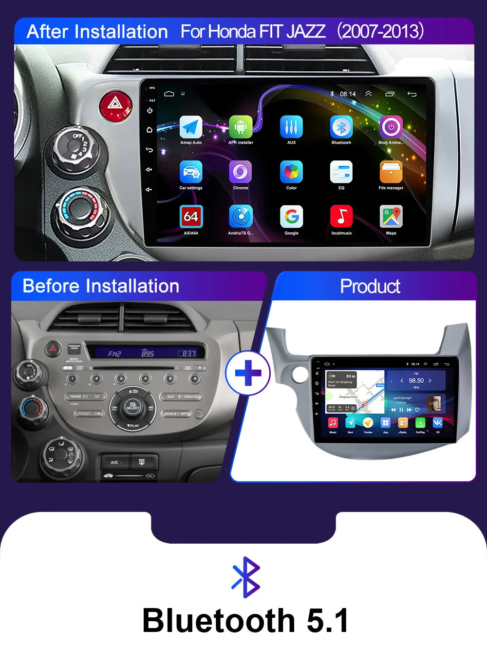 LEHX-Autoradio L6 Pro Android 14, 4G, Carplay, DVD, Stéréo, 2 DIN, Unité Centrale, Limitation GPS, pour Voiture HONDA FIT JAZZ (2007-2013)