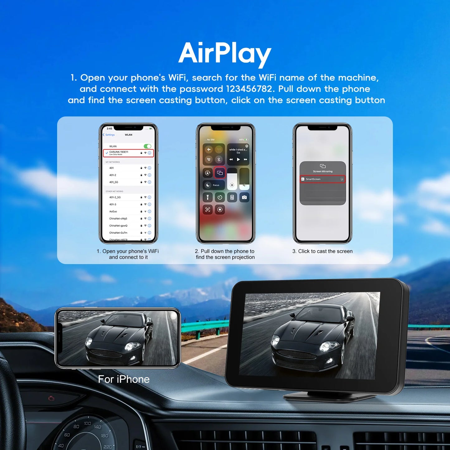 Podofo 4.7 "CarPlay Android lecteur de Navigation automatique Aiplay intégré EQ BT FM haut-parleur Android Cast GPS navigateur voiture lecteur intelligent