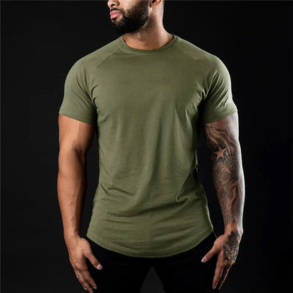 T-shirt de gymnastique uni pour hommes, vêtements de Fitness d'été, col rond, manches courtes, en coton, Slim Fit, musculation, entraînement