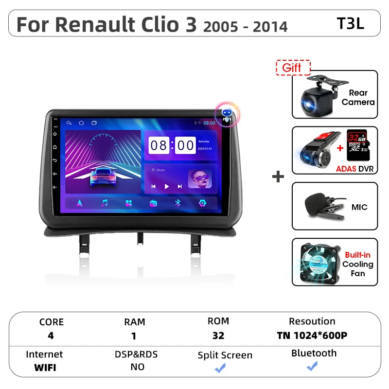 Srnubi CarPlay autoradio lecteur multimédia pour Renault Clio 3 2005 2006 2007 2008 2009 2010-2014 Android Auto GPS 2din autoradio