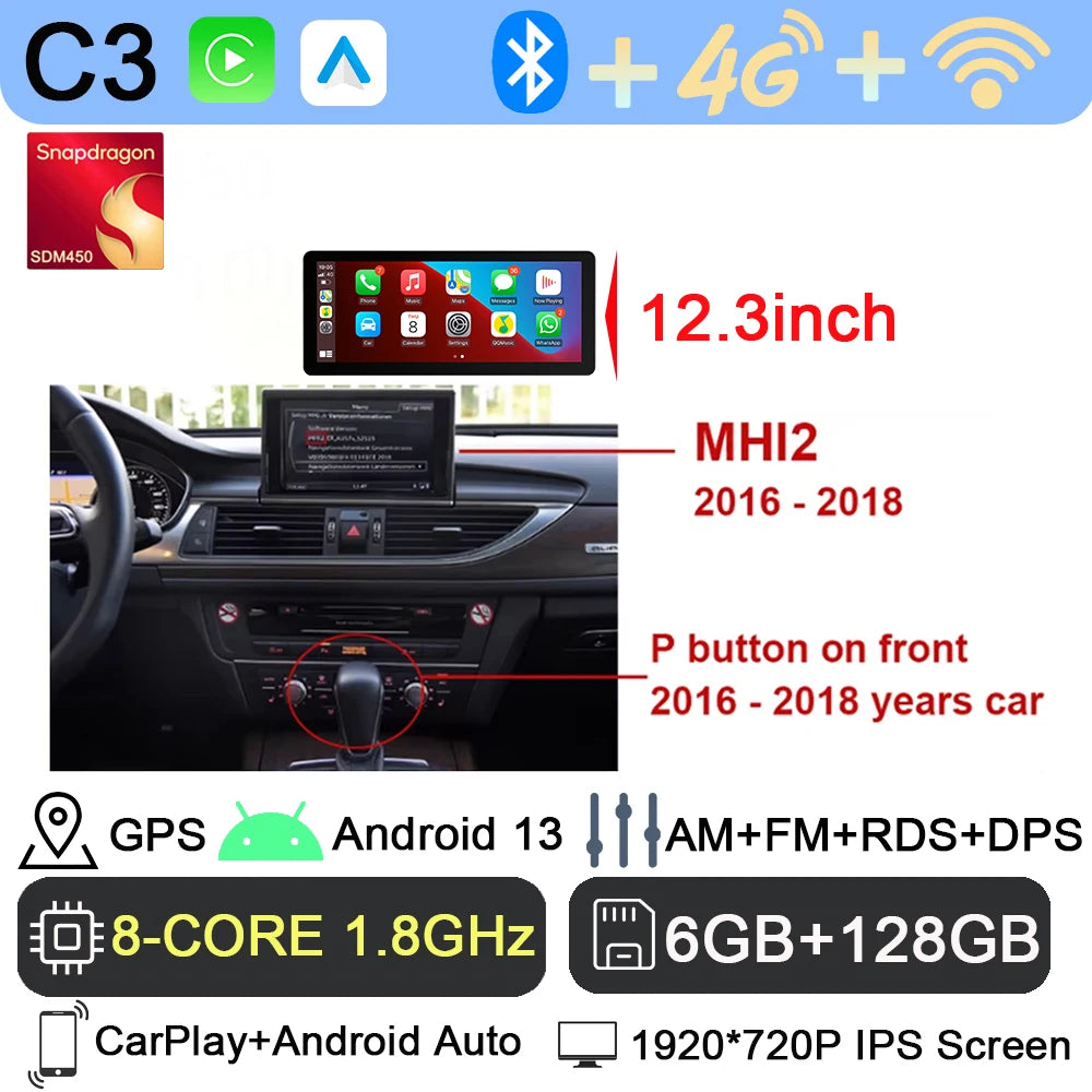 Android 13 sans fil Carplay 12.3 pouces pour Audi A6 C7 A7 2012-2018 autoradio multimédia Android Auto GPS 4G LTE DSP stéréo WiFi