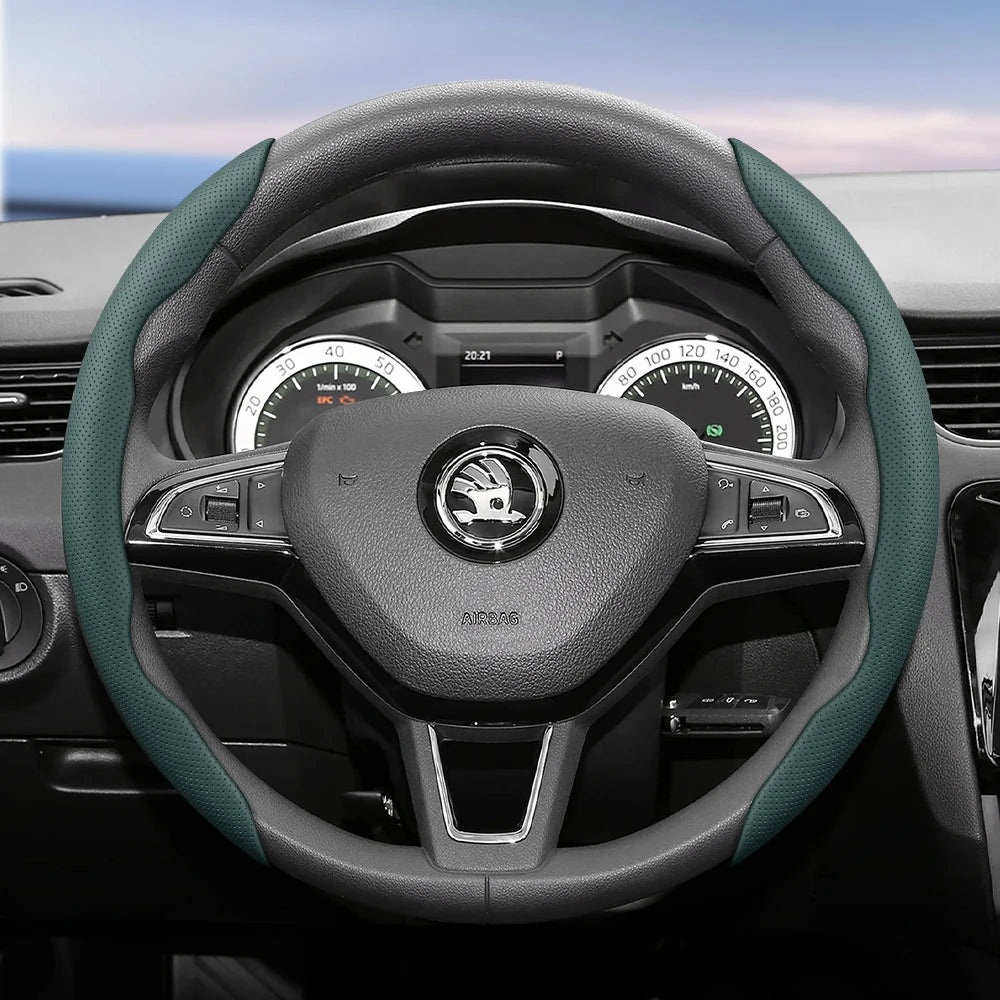مناسب لـ Skoda غطاء عجلة قيادة من الجلد المسامي بتصميم مقطع سريع التحرير، مضاد للانزلاق ومتين، لسيارات Octavia Rapid Kodiaq Karoq Fabia Superb Kamiq Citigo Scala Combi Kylaq Kushag Slavia Black