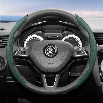 مناسب لـ Skoda غطاء عجلة قيادة من الجلد المسامي بتصميم مقطع سريع التحرير، مضاد للانزلاق ومتين، لسيارات Octavia Rapid Kodiaq Karoq Fabia Superb Kamiq Citigo Scala Combi Kylaq Kushag Slavia Black