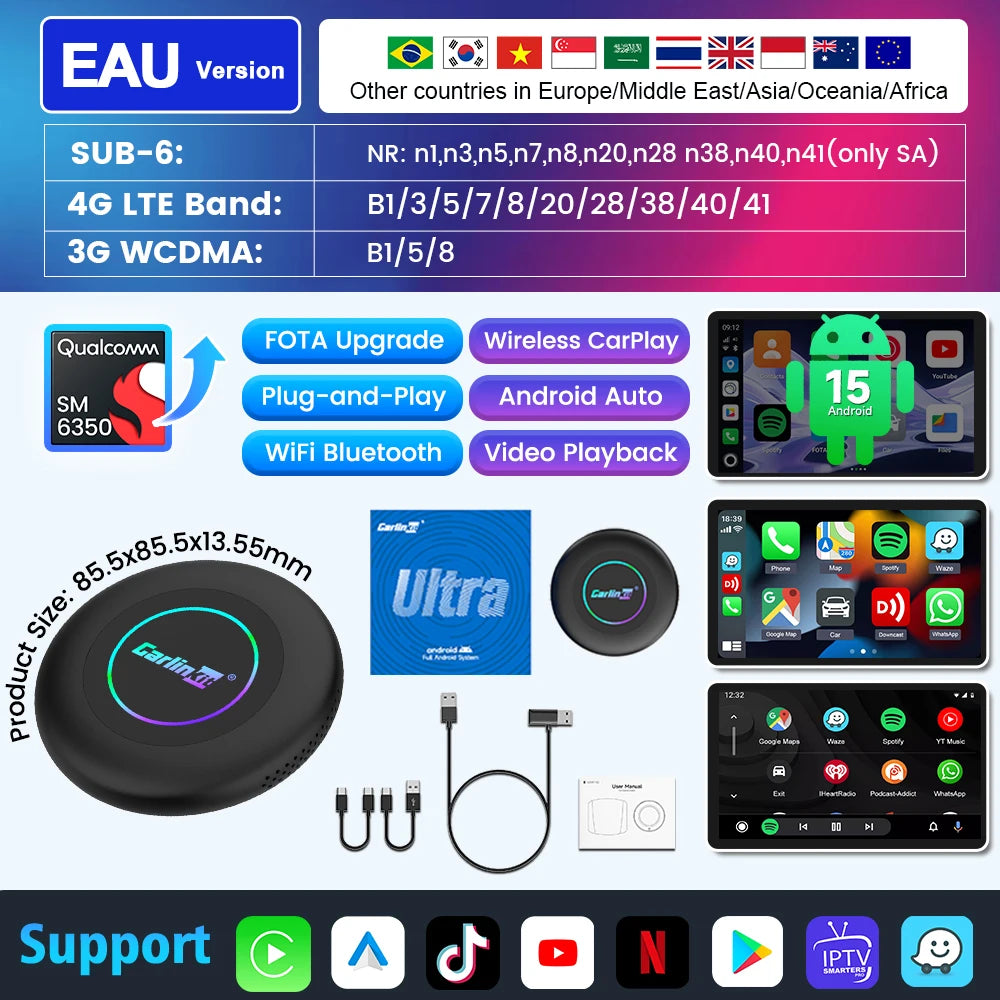 CarlinKit 3 en 1 Android 15 CarPlay Ai Box adaptateur sans fil Android Auto Qualcomm SM6350 128GB 8 cœurs pour Youtube Netflix FOTA