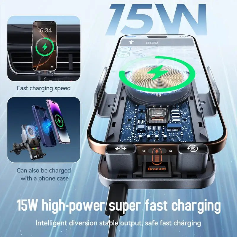 Support de téléphone pour voiture et chargeur sans fil 2 en 1 – 360 °   Support de navigation rotatif 15W à charge rapide pour smartphones, fixation sur grille d'aération