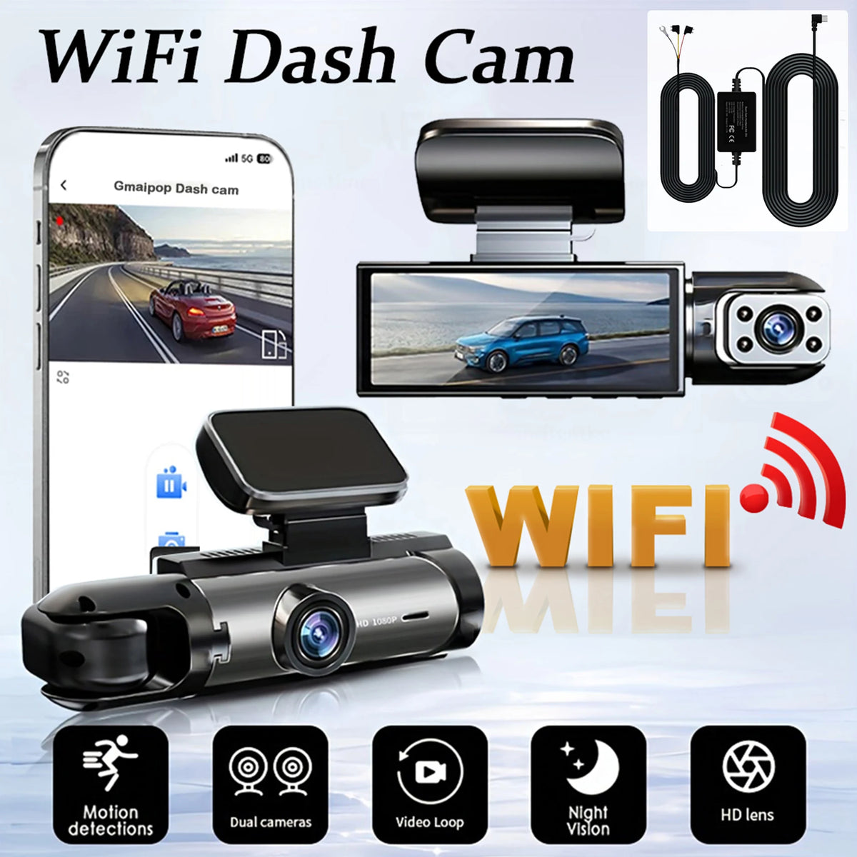 Caméra de tableau de bord pour touristes, caméra de voiture, avant et intérieur, vision nocturne IR, boucle statique, grand angle, DVR, WiFi, 1080P