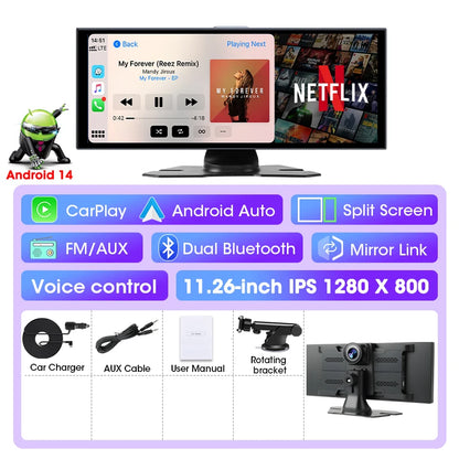 Develuck 11.26 "Android 14 voiture DVR 4G + 64G caméra enregistreur 1080P Dashcam Carplay Android Auto pour Youtube Netflix Assistant vocal