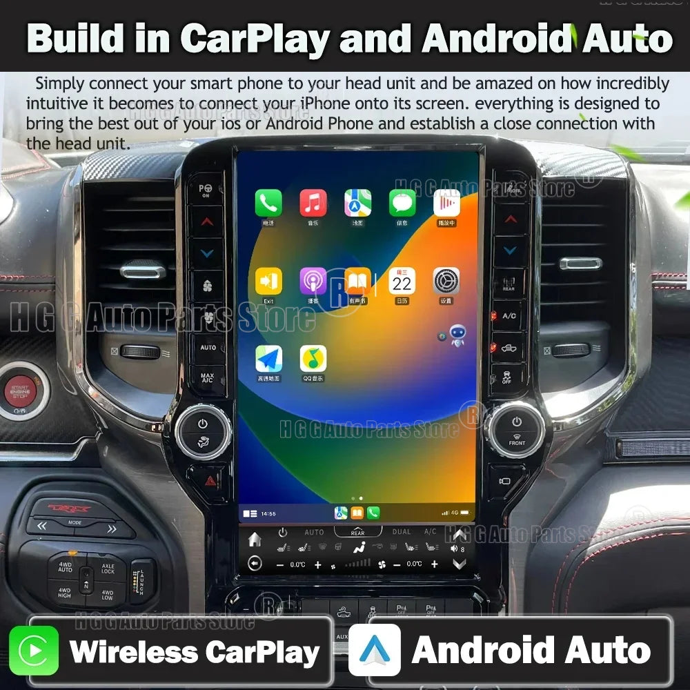 Pour Dodge Ram 2019-2024 stéréo GPS Navigation Android lecteur vidéo multimédia grand écran Qled tête Uint Auto Radio sans fil Carplay