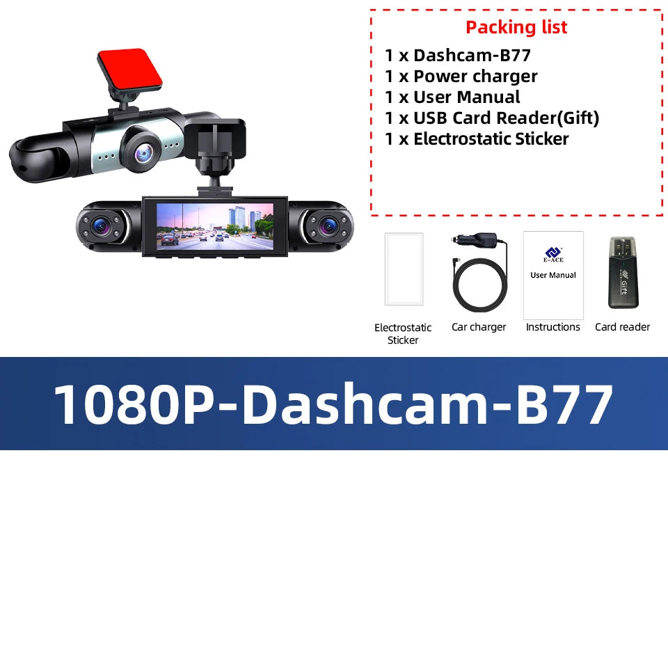 Caméra de tableau de bord à 3 objectifs HD 1080P, enregistrement en boucle, capteur G en option, surveillance à 4 objectifs, enregistreur de conduite 360 °   Angle de vision