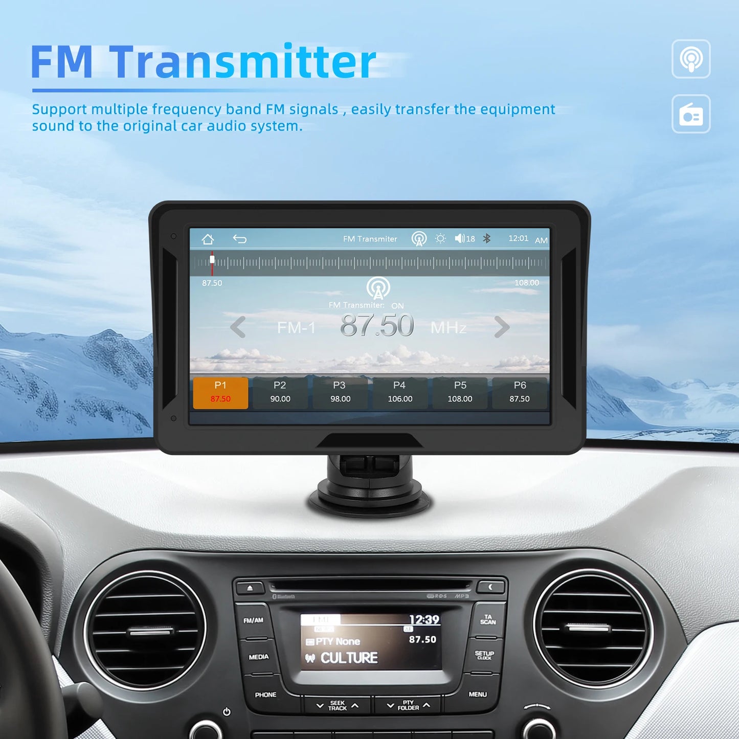 Podofo 7 "portable sans fil Carplay Android Auto écran HD caméra de recul arrière autoradio DVR lecteur vidéo multimédia USB AUX