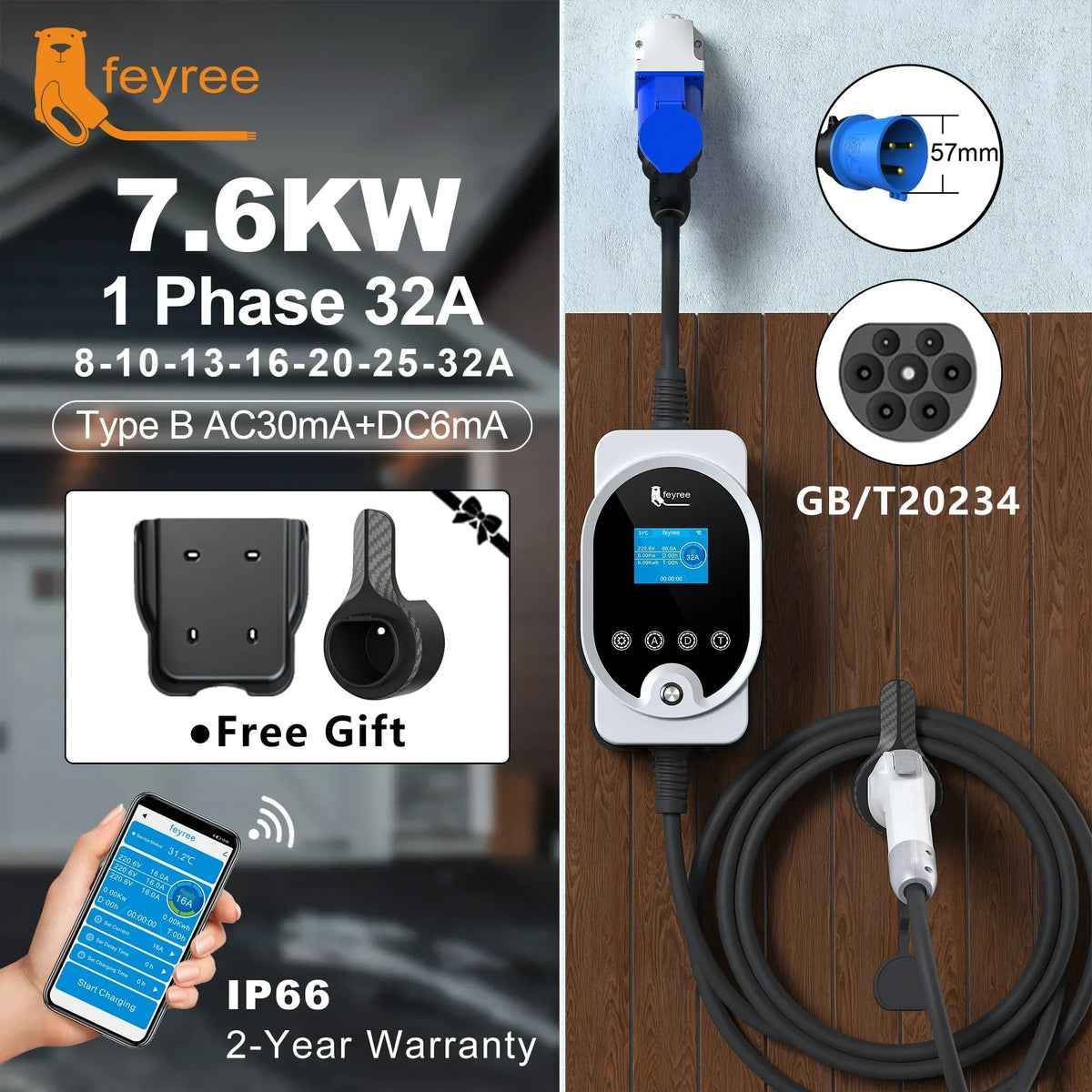 Fey123-Boîtier de charge pour véhicule électrique, prise EV, 7KW, 32A, réglable, version Bluetooth, ensemble de temps de charge, EVSE