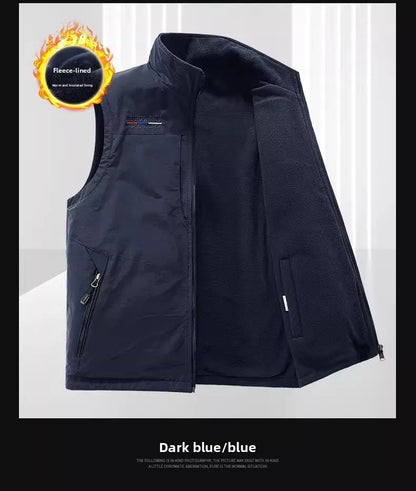 Gilet de sport d'extérieur en polaire épaisse pour homme, réversible, décontracté, coupe ample, fermeture éclair, couleur unie, automne-hiver