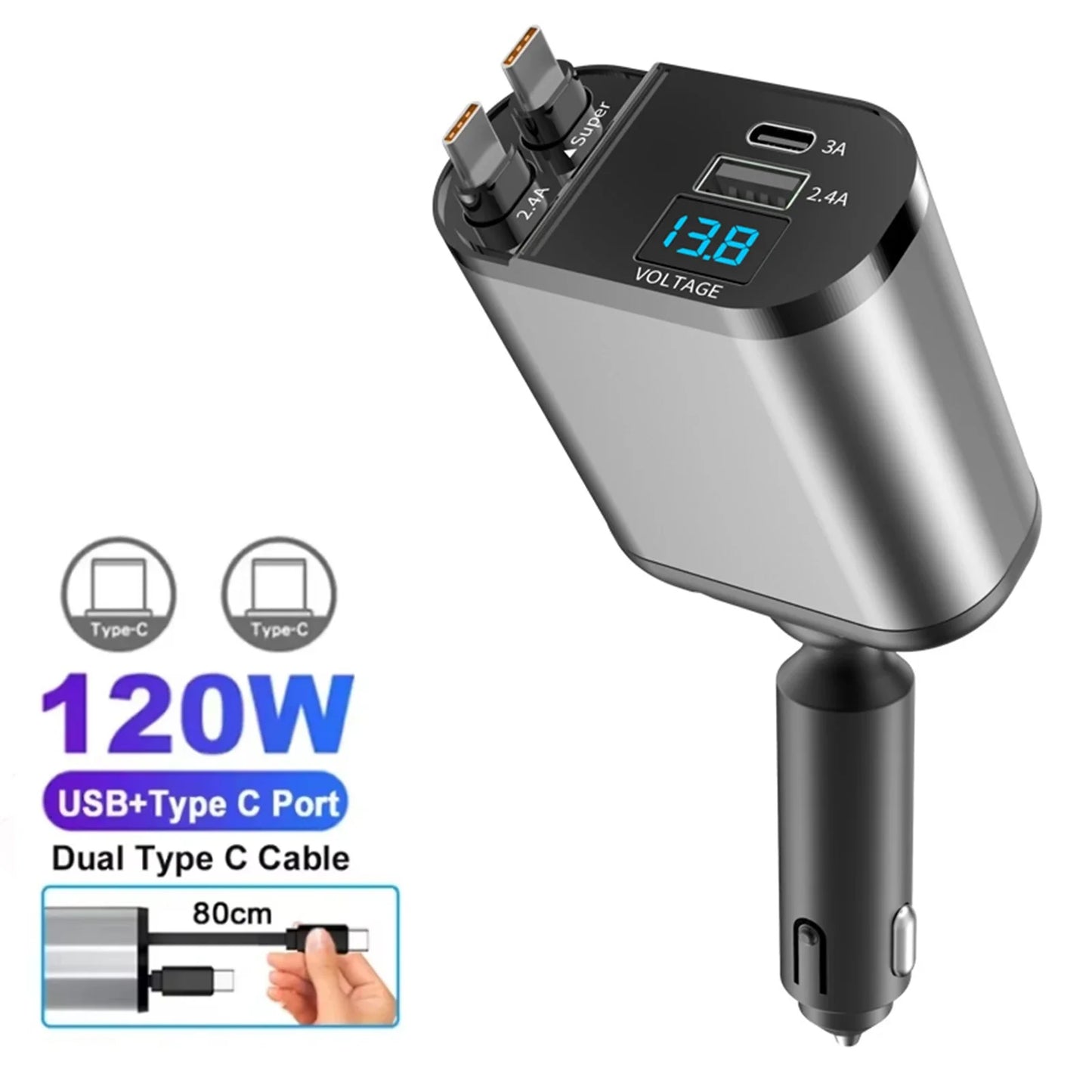 Chargeur de voiture rétractable 120W 4/5 en 1, câble USB C pour IPhone Huawei Samsung, cordon de Charge rapide, adaptateur allume-cigare PD QC3.0