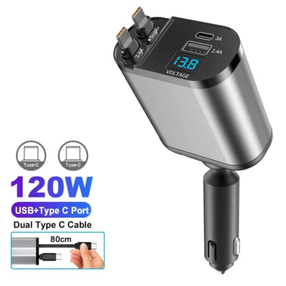 Chargeur de voiture rétractable 120W 4/5 en 1, câble USB C pour IPhone Huawei Samsung, cordon de Charge rapide, adaptateur allume-cigare PD QC3.0