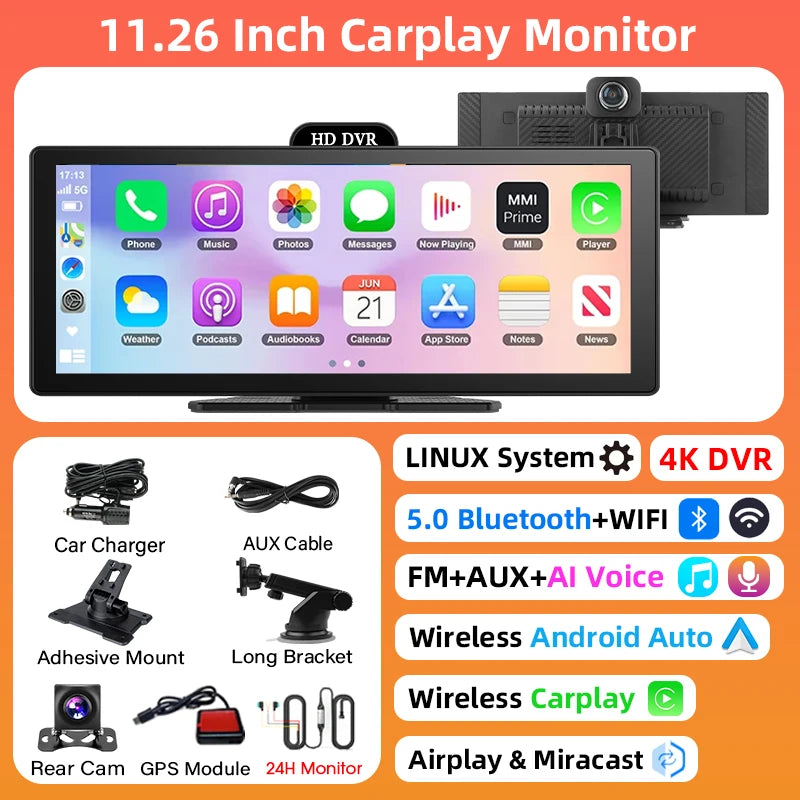 Jansite Portable 11.26 inch 4K DVR Wireless CarPlay and Android Auto Dash Cam Car Screen Video Recorder 5G WIFI Navigation