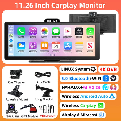 Jansite Portable 11.26 inch 4K DVR Wireless CarPlay and Android Auto Dash Cam Car Screen Video Recorder 5G WIFI Navigation