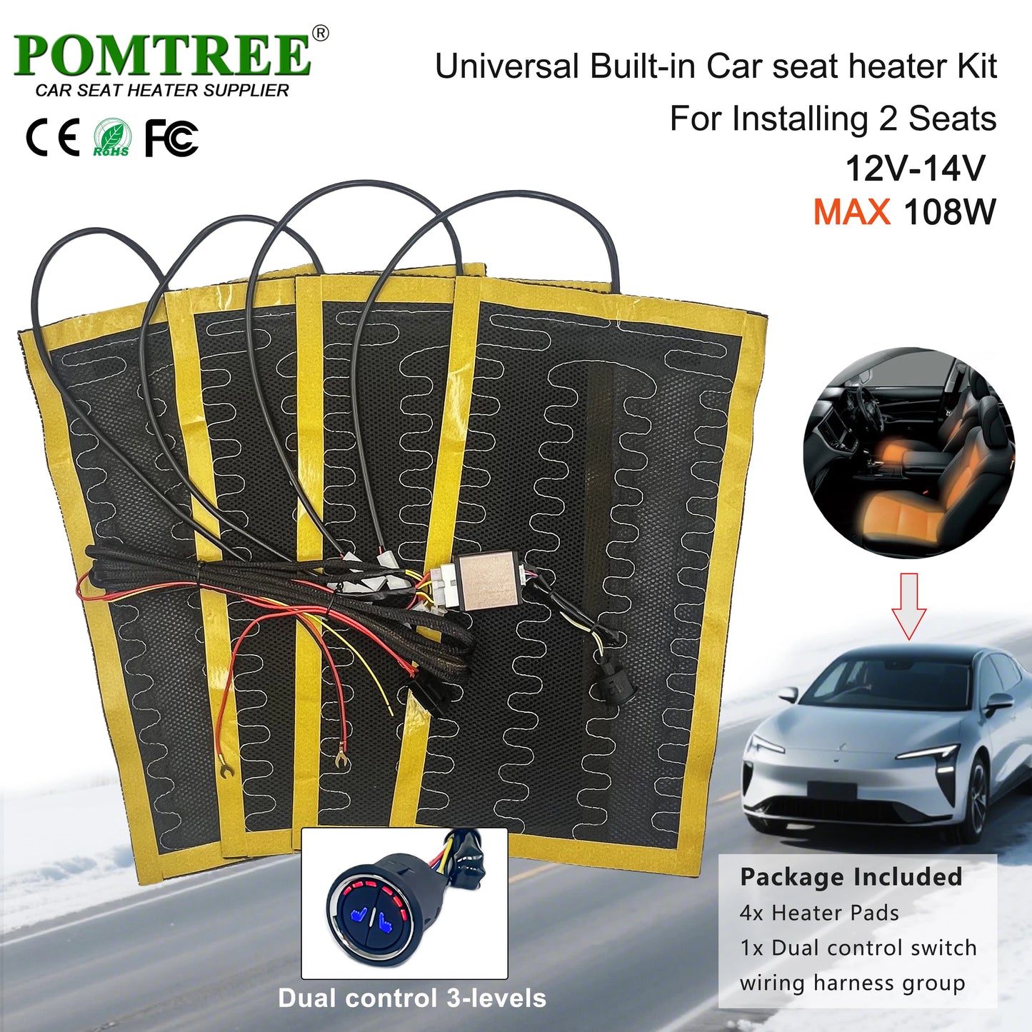 Nouveau Kit de chauffage de siège de voiture intégré adapté aux 1/2 sièges, 12V 2/4 pièces tampons chauffants universels en fil d'alliage 3 niveaux interrupteur chauffant à double commande