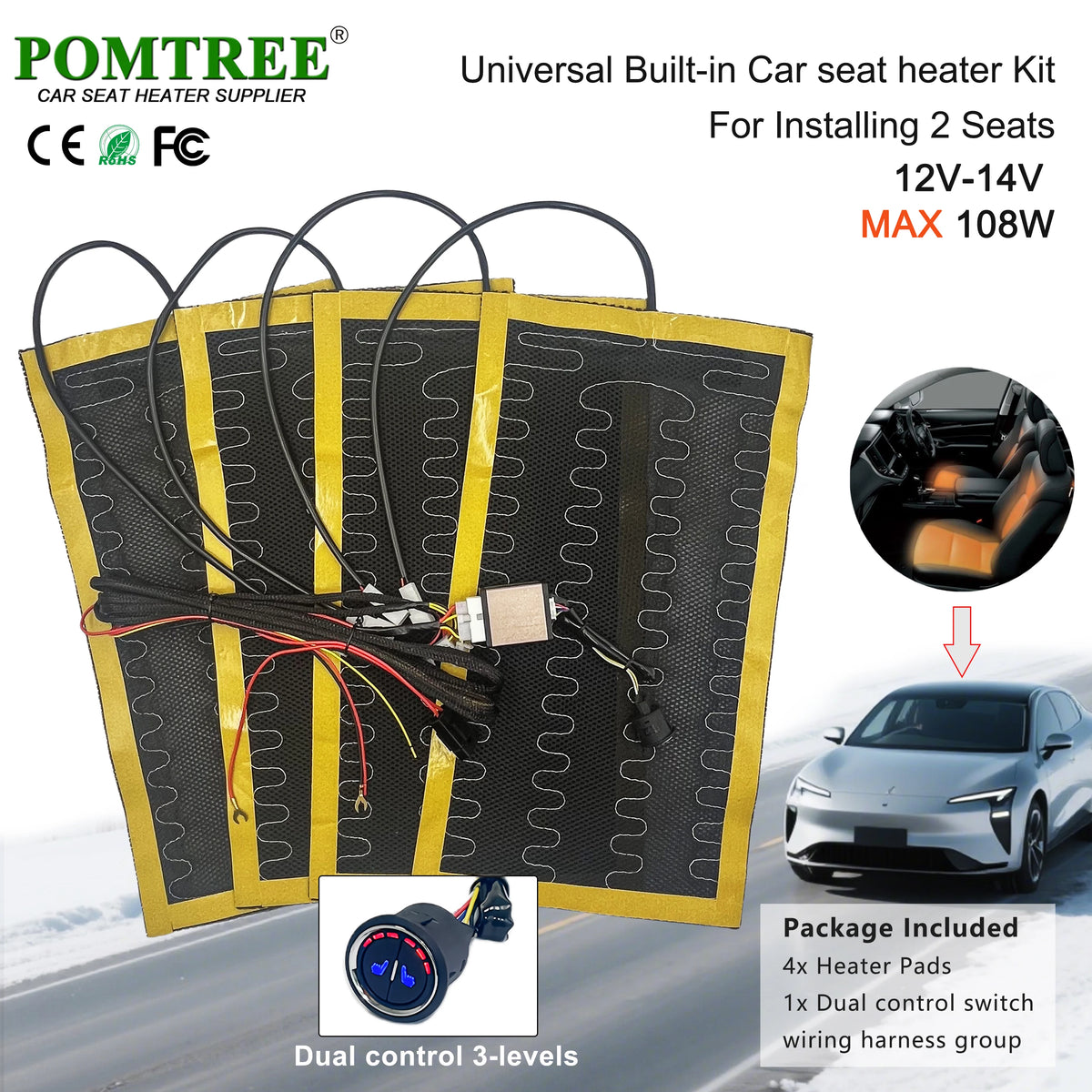 Nouveau Kit de chauffage de siège de voiture intégré adapté aux 1/2 sièges, 12V 2/4 pièces tampons chauffants universels en fil d'alliage 3 niveaux interrupteur chauffant à double commande