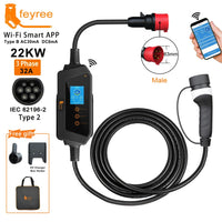Feyree 22KW 32A ثلاثي الأطوار من النوع 2 شاحن سيارة كهربائية محمول Wi-Fi تحكم عبر التطبيق EVSE صندوق شحن محطة شحن لشاحن السيارة الكهربائية