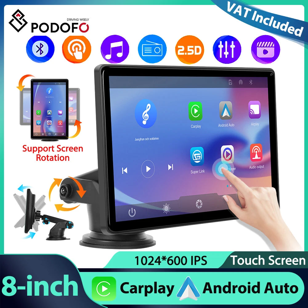 Podofo 8 ''lecteur d'écran intelligent CarPlay Android Auto IPS lecteur multimédia à écran Vertical vers FM Bluetooth Airplay Android Cast