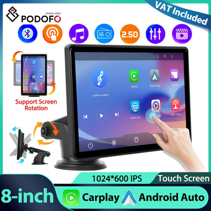 Podofo 8 ''lecteur d'écran intelligent CarPlay Android Auto IPS lecteur multimédia à écran Vertical vers FM Bluetooth Airplay Android Cast