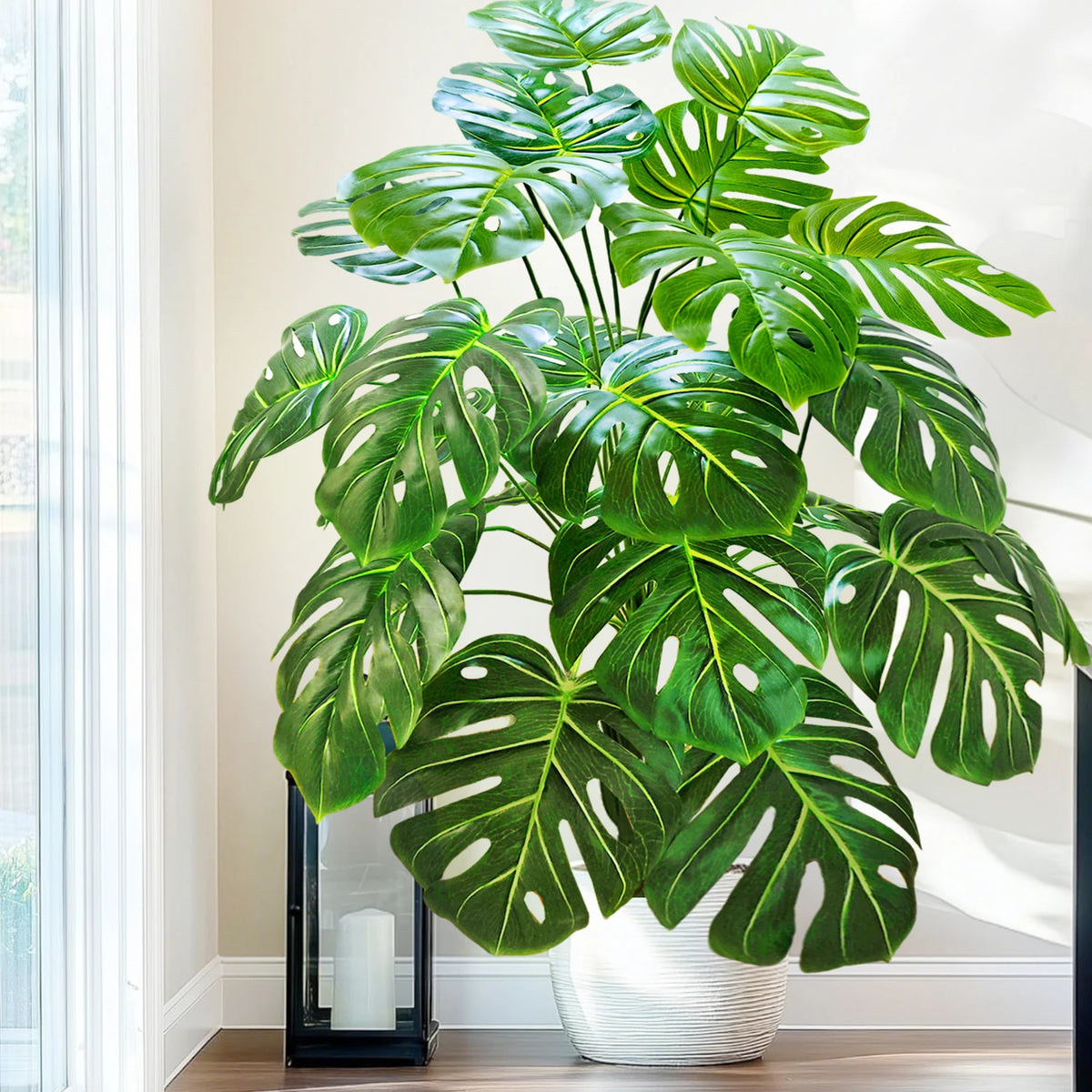 ورقة Monstera اصطناعية بلاستيكية، نبات مزيف للزينة بوعاء، مناسبة لديكور المنزل، 60-100 سم