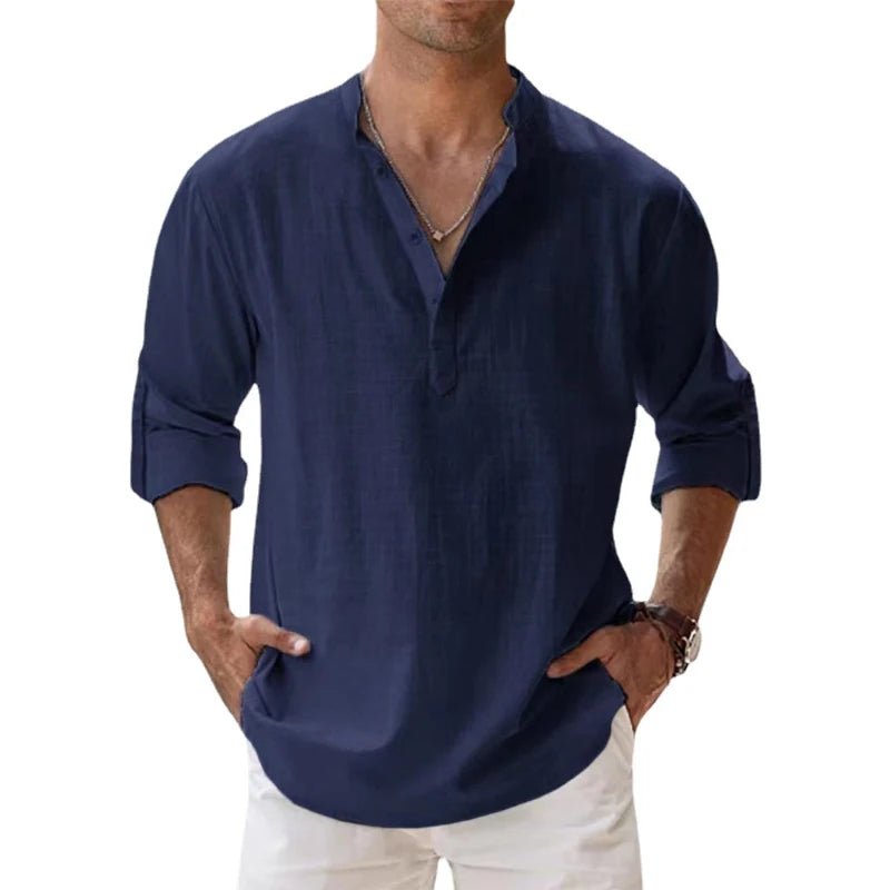 Nouvelles chemises en coton et lin pour hommes chemises décontractées légères à manches longues chemises de plage Henley t-shirts hawaïens pour hommes