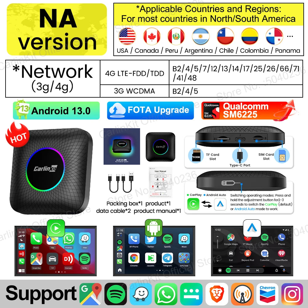 2026 NOUVEAU CarlinKit Android 13 TV Box LED 8 Go + 128 Go SM6225 8-Core CarPlay sans fil Android Auto Adaptateur USB sans fil Prise en charge Netflix IPTV YouTube Tiktok Spotify GPS 4 Go + 64 Go