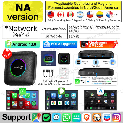2026 NOUVEAU CarlinKit Android 13 TV Box LED 8 Go + 128 Go SM6225 8-Core CarPlay sans fil Android Auto Adaptateur USB sans fil Prise en charge Netflix IPTV YouTube Tiktok Spotify GPS 4 Go + 64 Go
