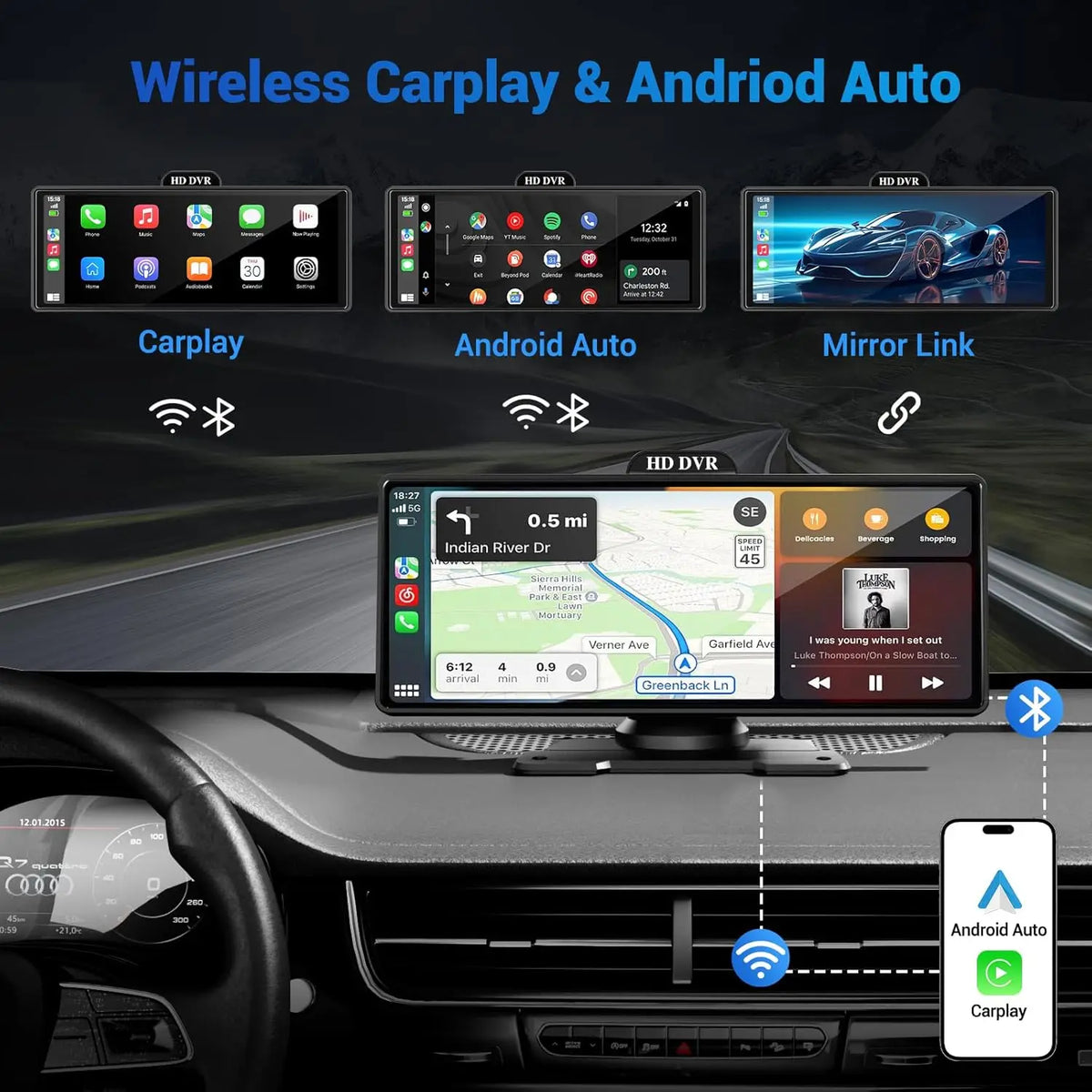 Jansite Portable 11.26 inch 4K DVR Wireless CarPlay and Android Auto Dash Cam Car Screen Video Recorder 5G WIFI Navigation
