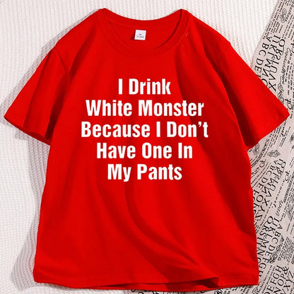 تي شيرت رجالي "I Drink White Monster" ملابس قطنية بأكمام قصيرة تي شيرت مضحك رسومات ملابس الشارع قطن ملابس كبيرة الحجم