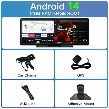 Imagebon 11.3'' 8 cœurs Dashcam Android 14 CarPlay sans fil Android Auto Écran partagé Caméra embarquée intelligente Écran AI Google Play OTA