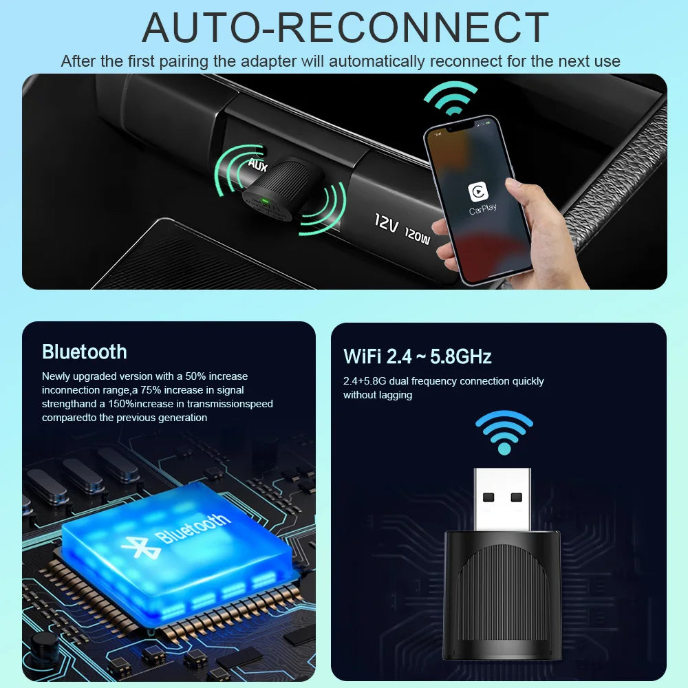 Adaptateur CarPlay Android Auto sans fil BYLITU Mini U8 convertit CarPlay filaire en sans fil Compatible avec la plupart des voitures Plug & Play