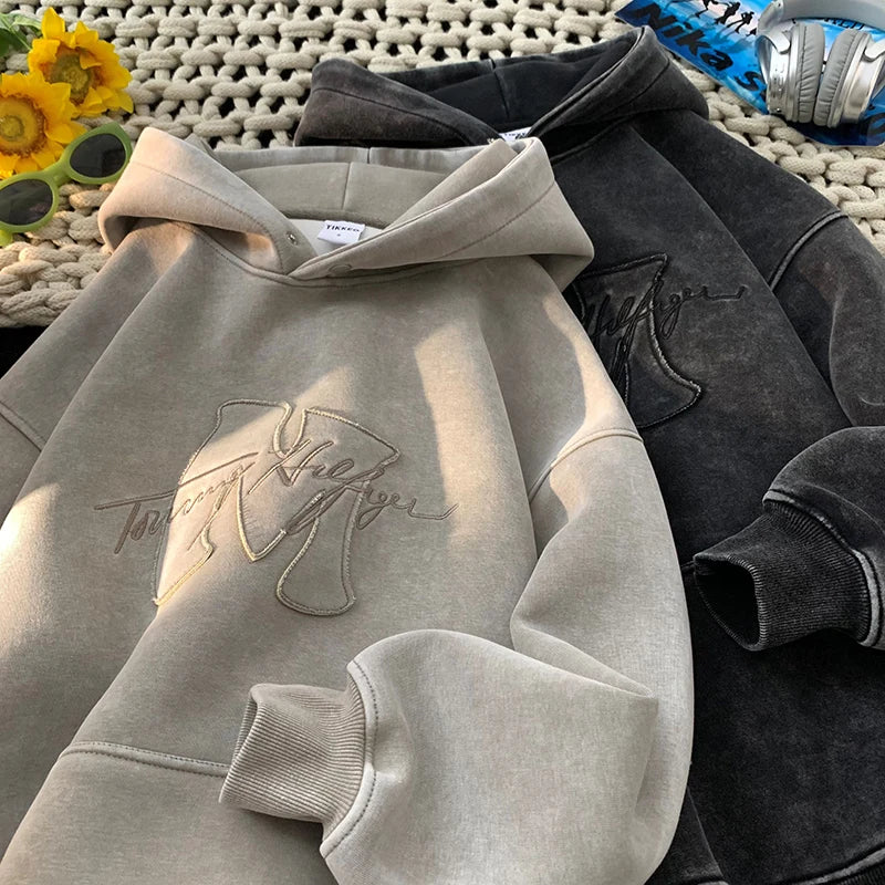 Sweat à capuche rétro lavé 2025 nouveau automne hiver Style de rue hommes à capuche lettres broderie haut à capuche ample surdimensionné sweats à capuche