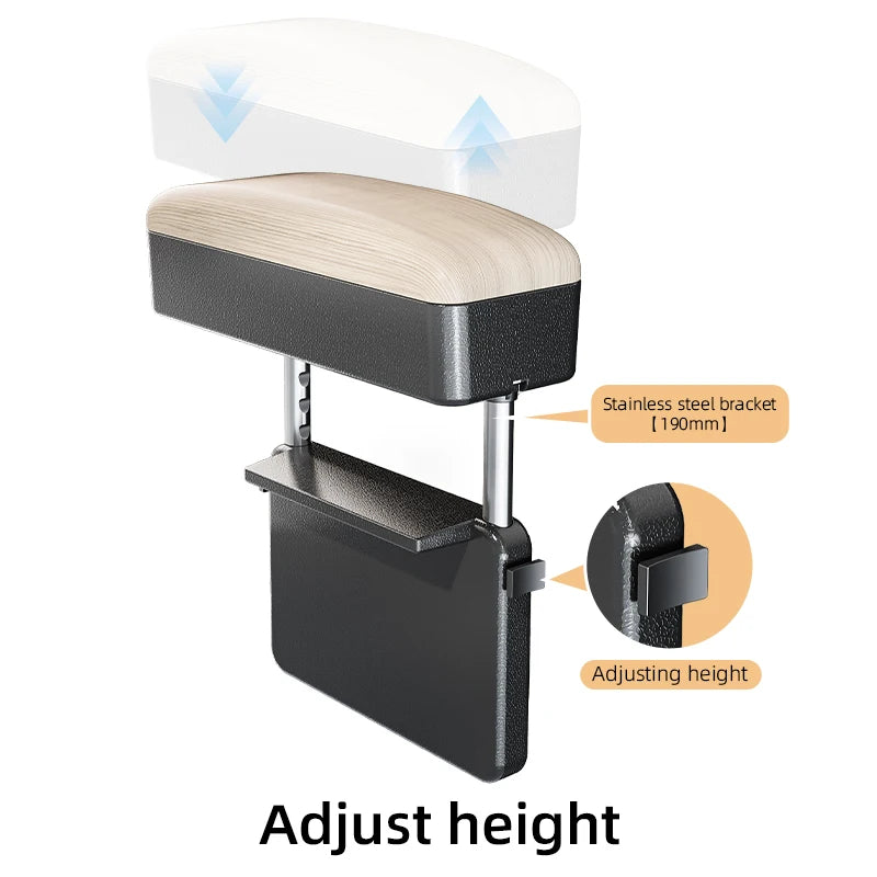 Accoudoir de siège auto - Boîte de rangement réglable pour voiture, en cuir PU motif bois, avec plaque de fixation ABS et piliers de support métalliques