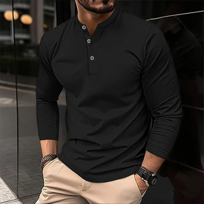 تي شيرت بولو رجالي صيفي 2025 بأكمام طويلة وياقة هنري، كاجوال ومسامي ومريح، تي شيرت بولو سادة عالي الجودة للرجال، شحن مباشر