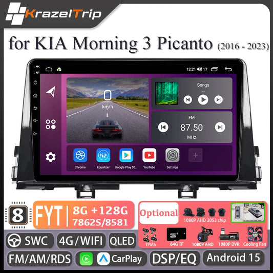 Autoradio Android 9 pouces pour KIA Morning 3 Picanto 2016 2017 2018 2019 2020 - 2023, GPS stéréo Carplay Autoradio DAB WIFI DSP RDS
