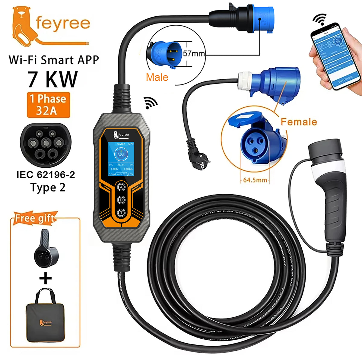 Fey123-Chargeur EV portable Vope2, boîtier mural EVSE, charge de synchronisation intelligente, contrôle du courant réglable, Wi-Fi, maison et extérieur, 32A, 7KW