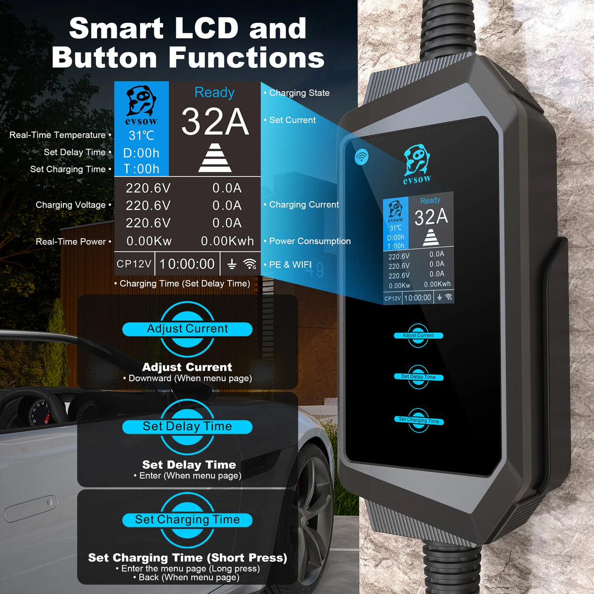 Evsow 7KW 11KW 22KW 32A3P EV chargeur Type2 IEC62196-2 chargeur de voiture électrique avec contrôle APP WIFI ajuster le courant et l'heure du chargeur de réglage