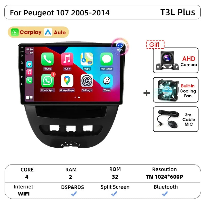 Srnubi autoradio pour Peugeot 107 Toyota Aygo citroën C1 2005-2014 sans fil Carplay Android Auto lecteur multimédia de voiture 2 Din