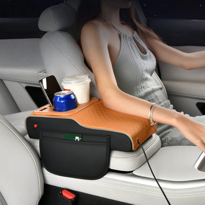 Boîte de rangement multifonctionnelle 10-en-1 pour accoudoir de voiture, avec coussin rehausseur sportif supérieur, port de charge USB et lampe d'ambiance étoilée